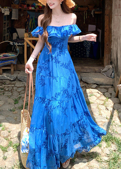 Casual Blue Ruffled Print Cotton Holiday Dress Summer
