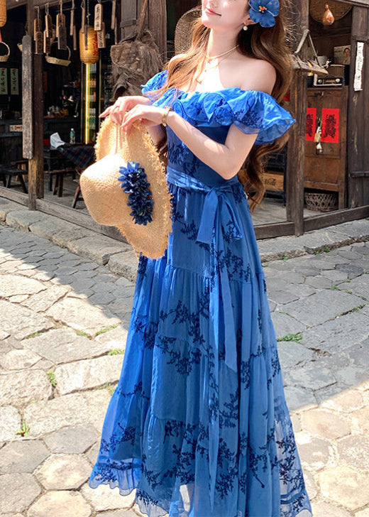Casual Blue Ruffled Print Cotton Holiday Dress Summer