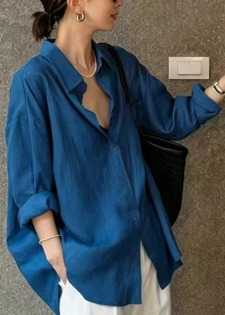 Casual Blue Shirt Collar Blouse Top Long Sleeve