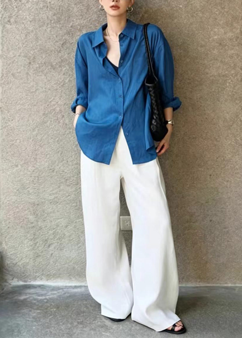 Casual Blue Shirt Collar Blouse Top Long Sleeve
