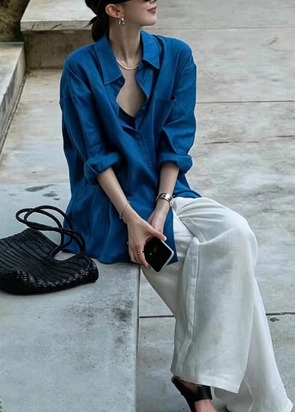 Casual Blue Shirt Collar Blouse Top Long Sleeve