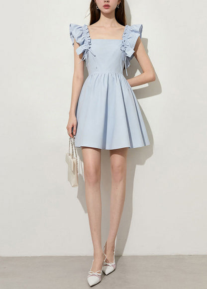 Casual Blue Square Collar Cotton Mini Dress Butterfly Sleeve