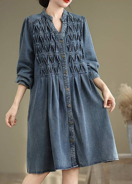 Casual Blue Stand Collar Button Long Dress Lantern Sleeve