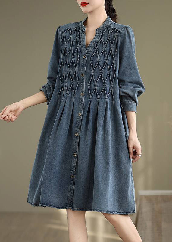 Casual Blue Stand Collar Button Long Dress Lantern Sleeve