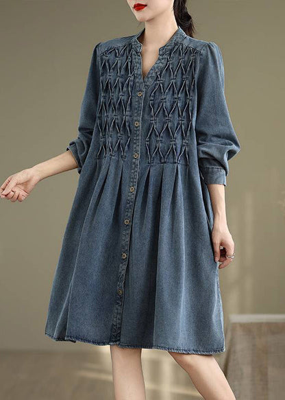 Casual Blue Stand Collar Button Long Dress Lantern Sleeve