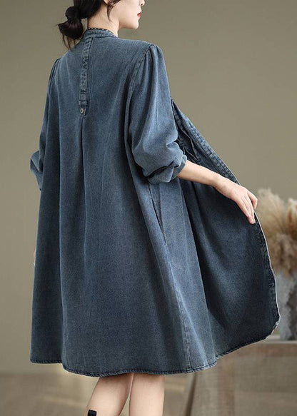 Casual Blue Stand Collar Button Long Dress Lantern Sleeve