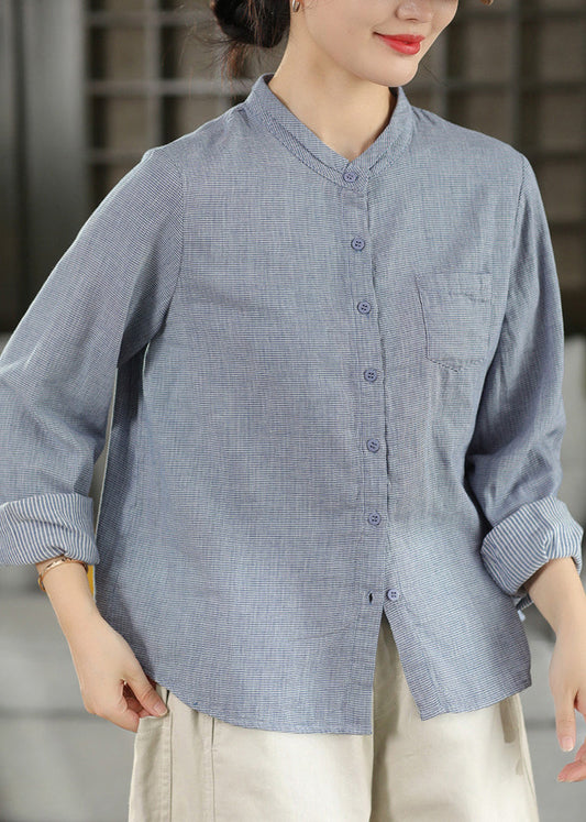 Casual Blue Stand Collar Plaid Cotton Shirts Top Fall