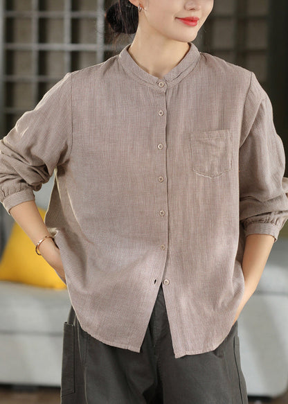 Casual Blue Stand Collar Plaid Cotton Shirts Top Fall
