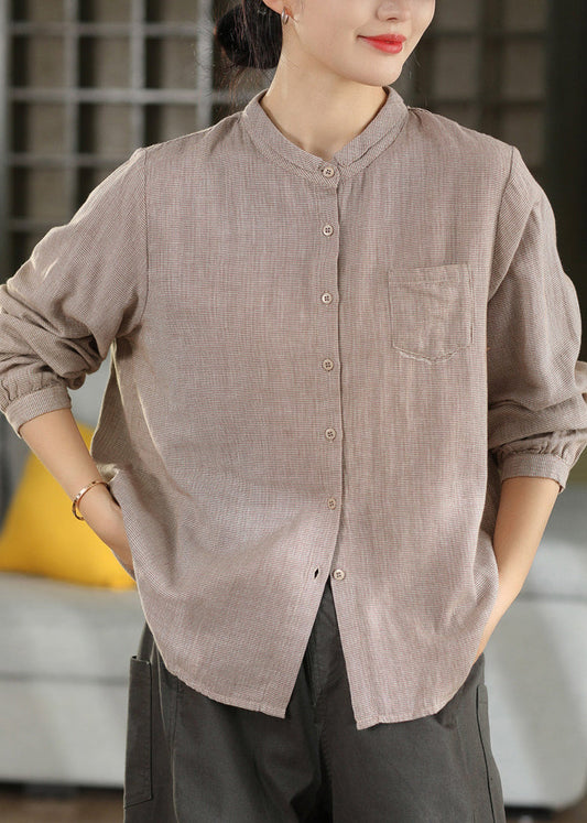 Casual Blue Stand Collar Plaid Cotton Shirts Top Fall