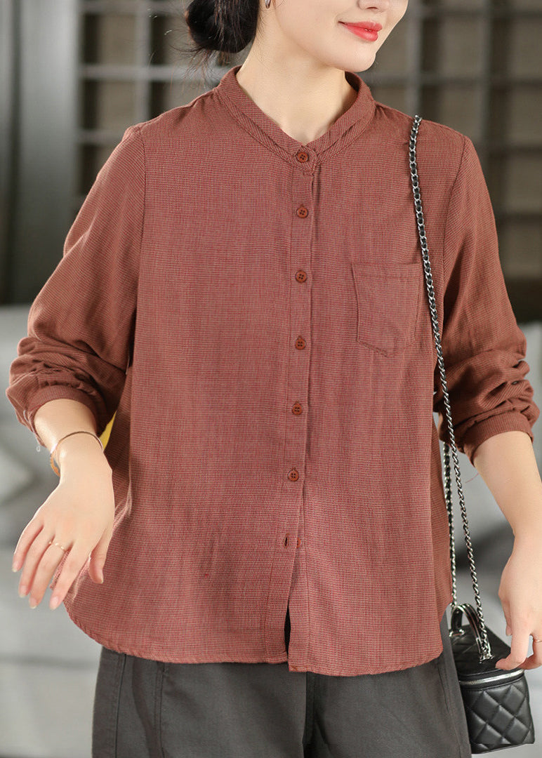 Casual Blue Stand Collar Plaid Cotton Shirts Top Fall