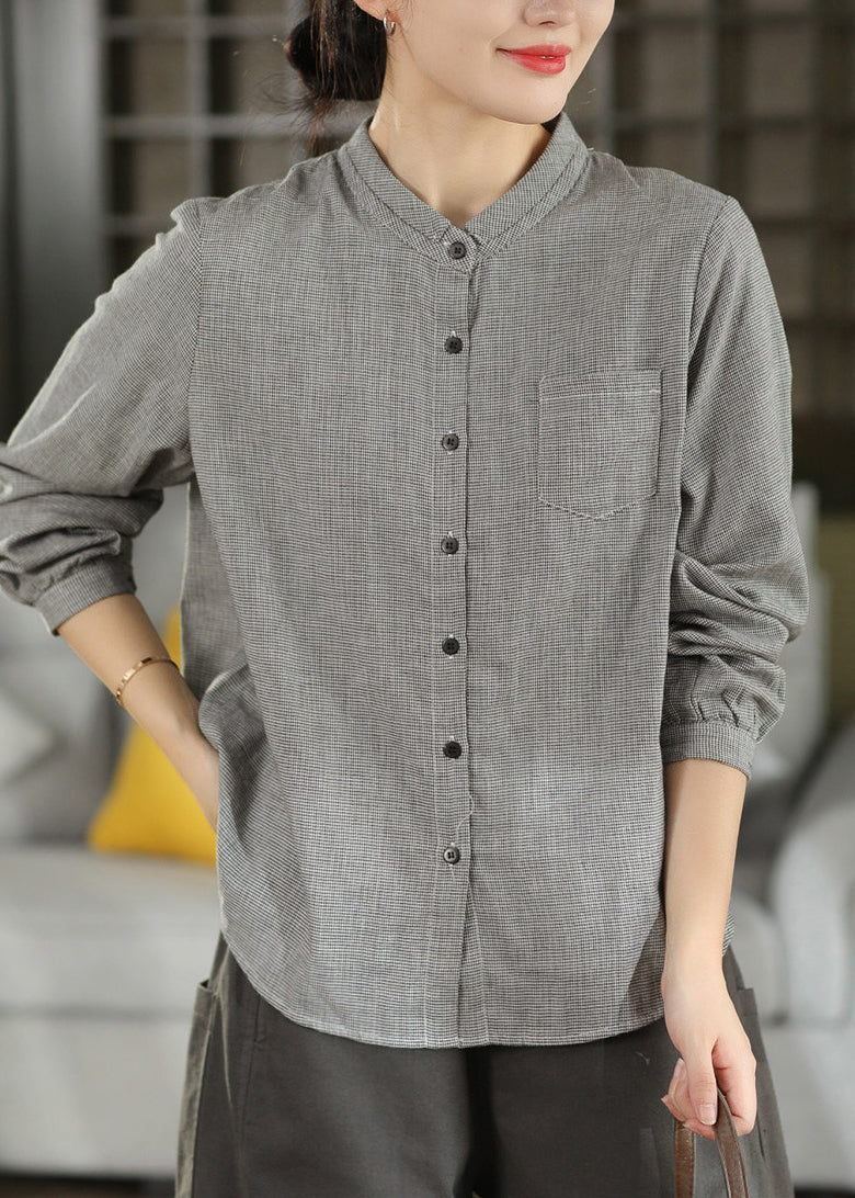 Casual Blue Stand Collar Plaid Cotton Shirts Top Fall