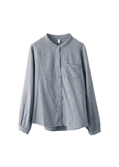 Casual Blue Stand Collar Plaid Cotton Shirts Top Fall