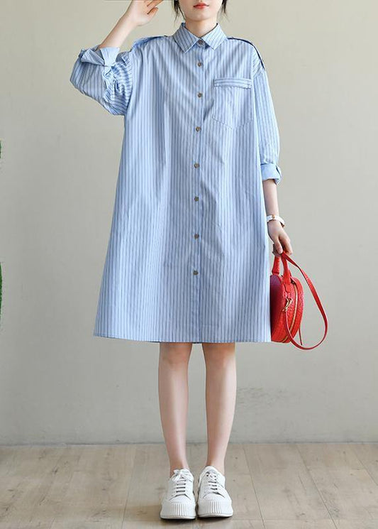 Casual Blue Striped Cotton Long sleeve Spring Dresses - SooLinen
