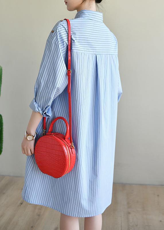 Casual Blue Striped Cotton Long sleeve Spring Dresses - SooLinen
