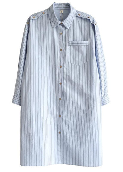 Casual Blue Striped Cotton Long sleeve Spring Dresses - SooLinen