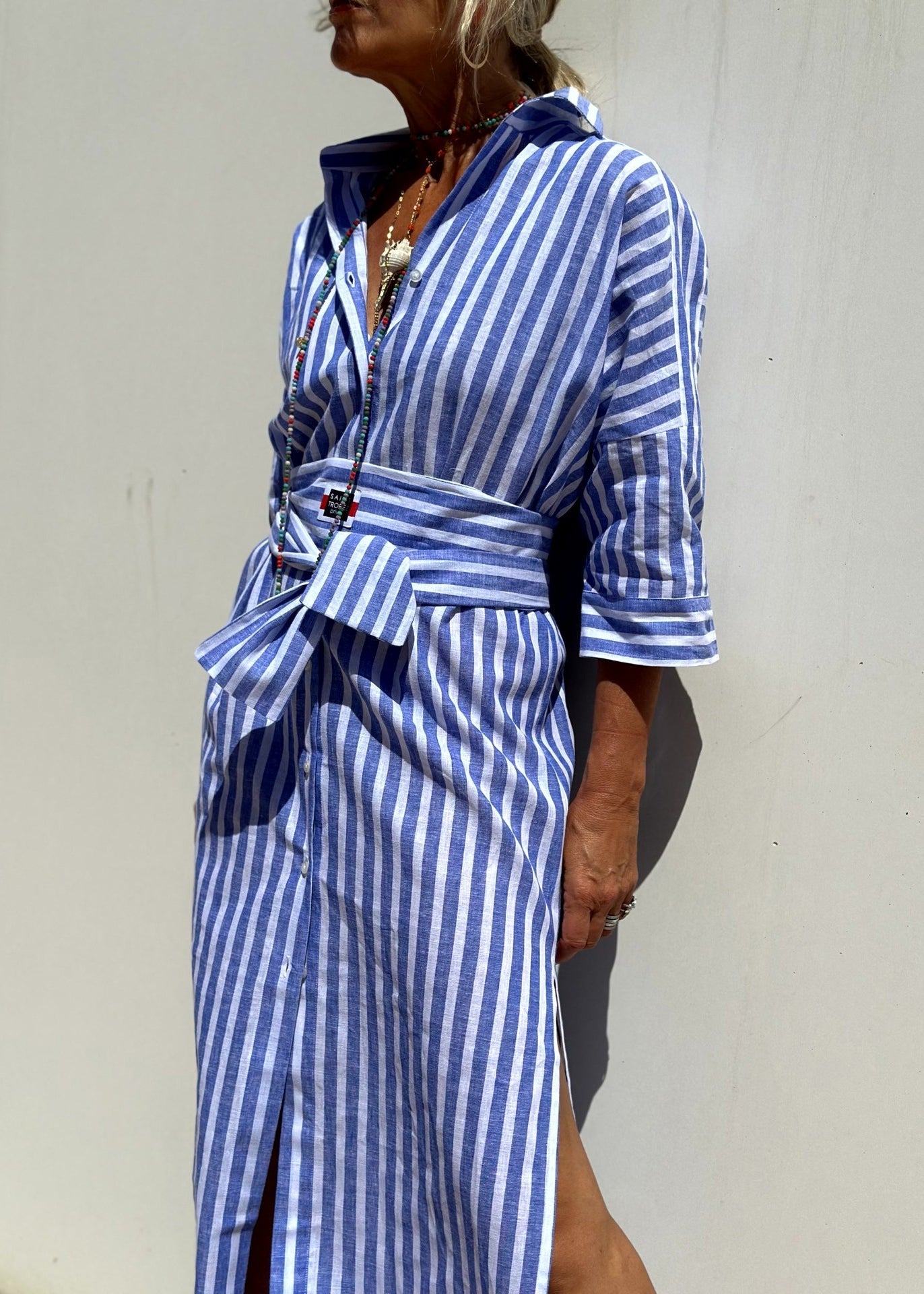 Casual Blue Striped Patchwork Side Open Long Shirts Dress Bracelet Sleeve