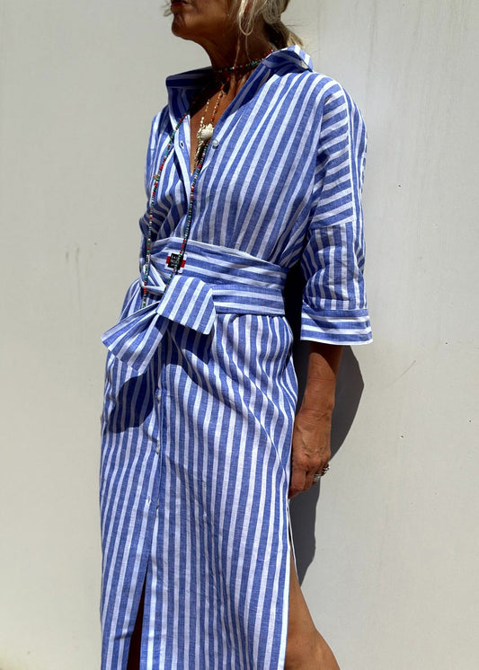 Casual Blue Striped Patchwork Side Open Long Shirts Dress Bracelet Sleeve