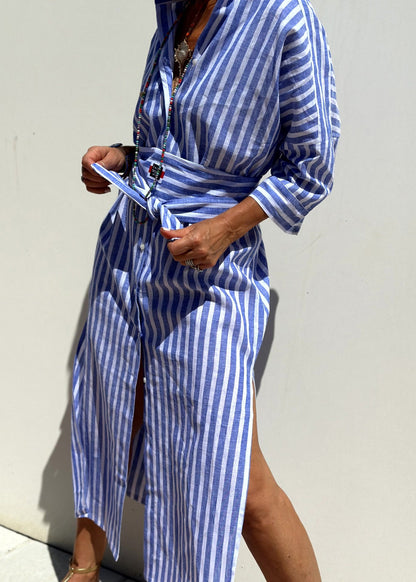 Casual Blue Striped Patchwork Side Open Long Shirts Dress Bracelet Sleeve