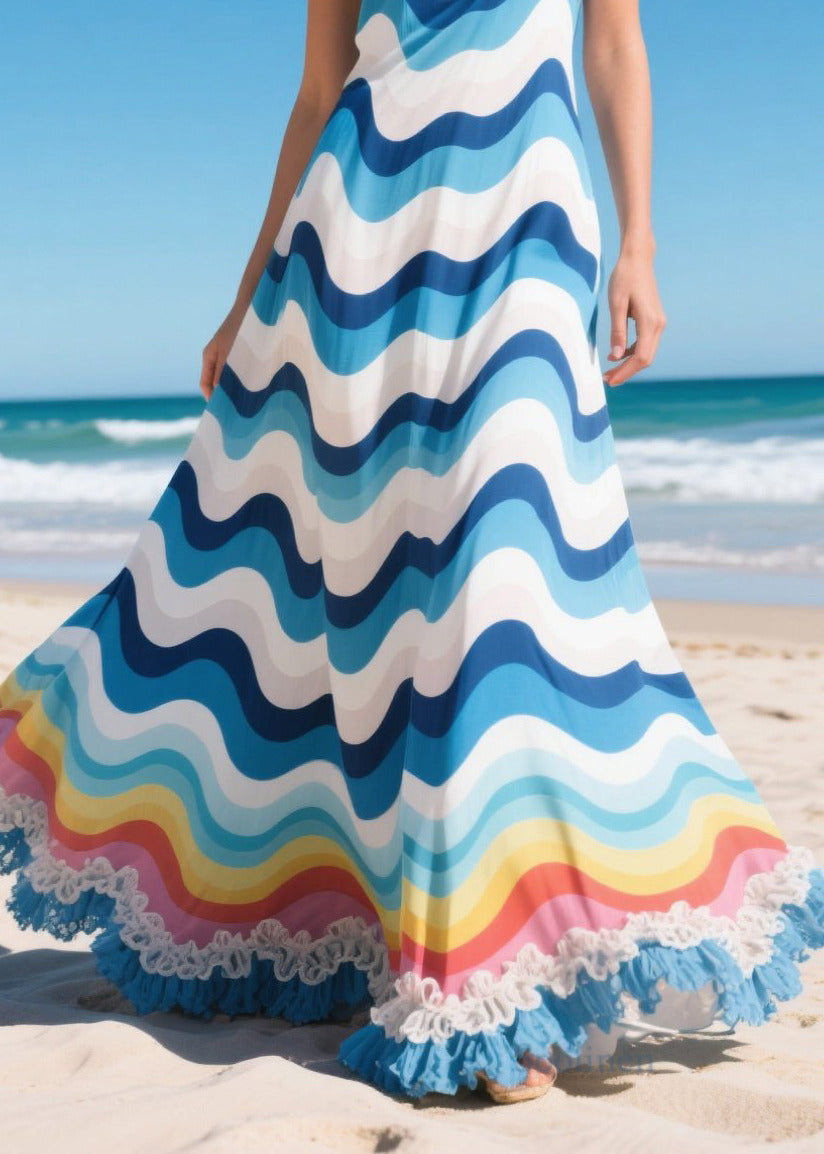 Casual Blue Striped Ruffled Chiffon Holiday Dresses Summer