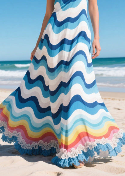 Casual Blue Striped Ruffled Chiffon Holiday Dresses Summer