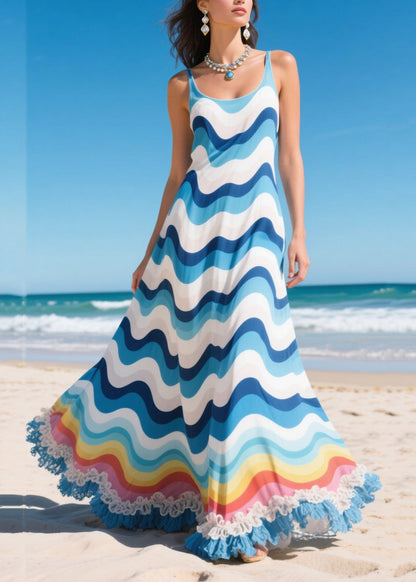 Casual Blue Striped Ruffled Chiffon Holiday Dresses Summer