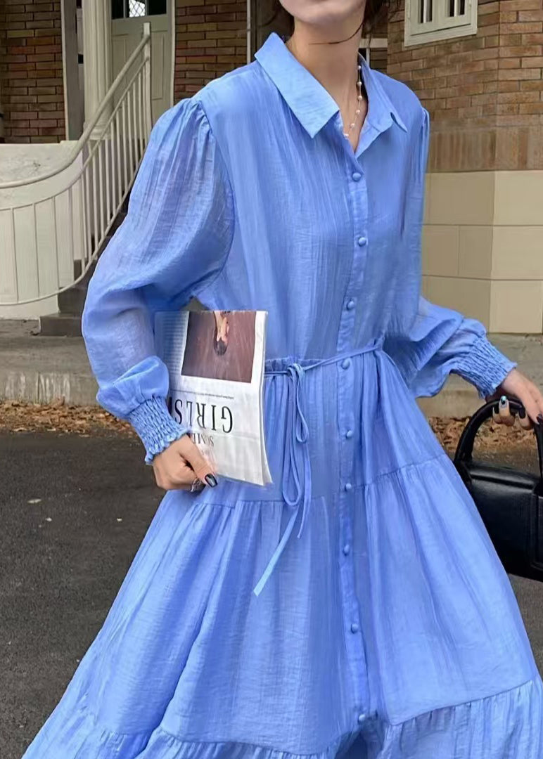 Casual Blue Tie Waist Exra Large Hem Cotton Shirt Dresses Fall