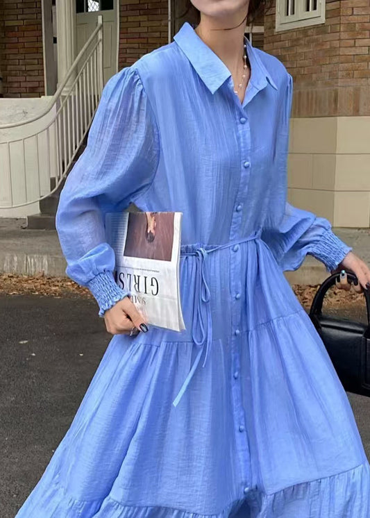 Casual Blue Tie Waist Exra Large Hem Cotton Shirt Dresses Fall