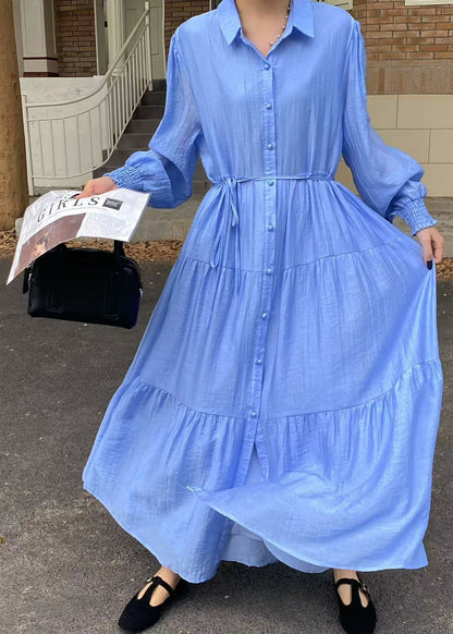 Casual Blue Tie Waist Exra Large Hem Cotton Shirt Dresses Fall