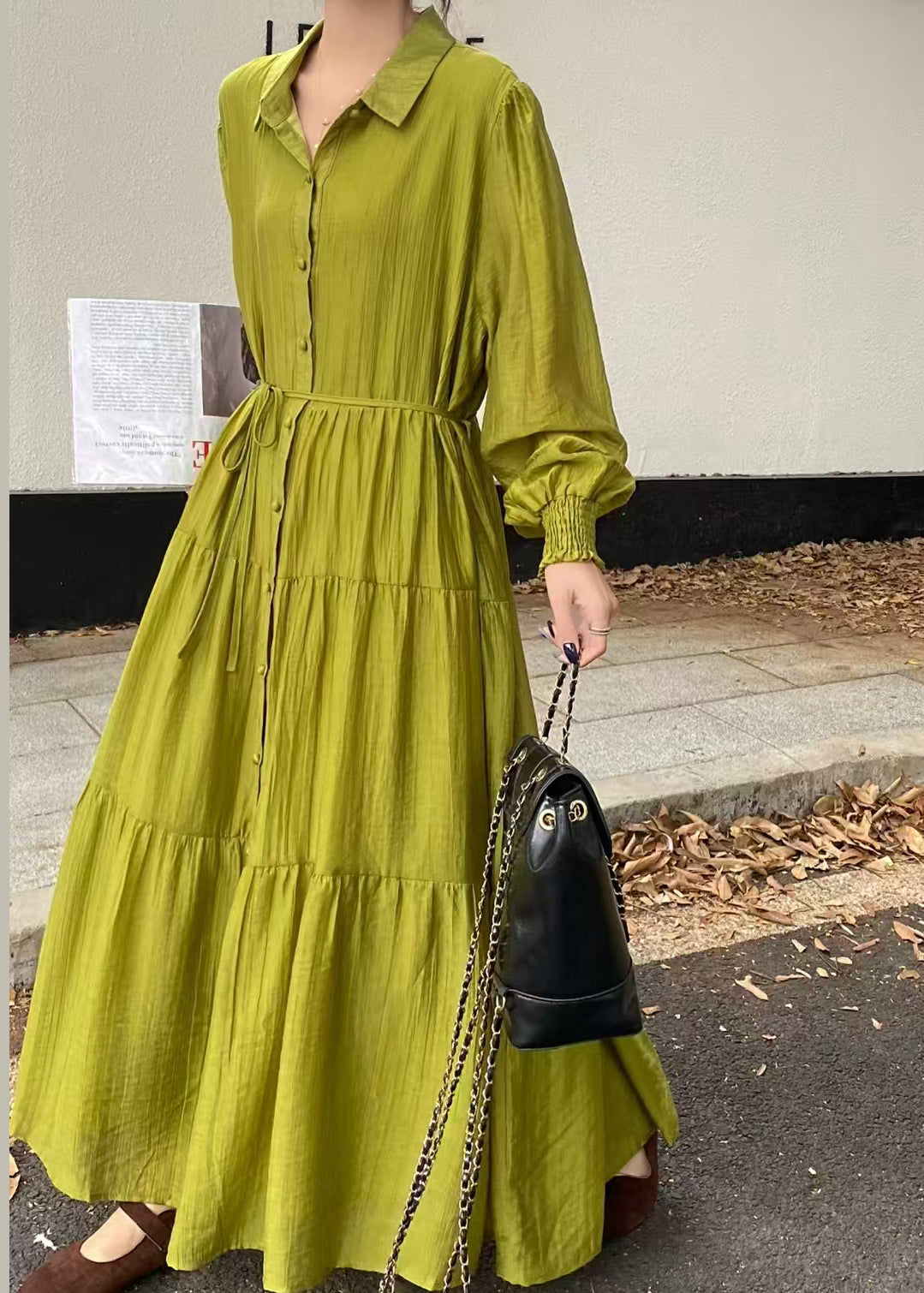 Casual Blue Tie Waist Exra Large Hem Cotton Shirt Dresses Fall