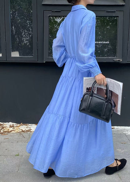 Casual Blue Tie Waist Exra Large Hem Cotton Shirt Dresses Fall