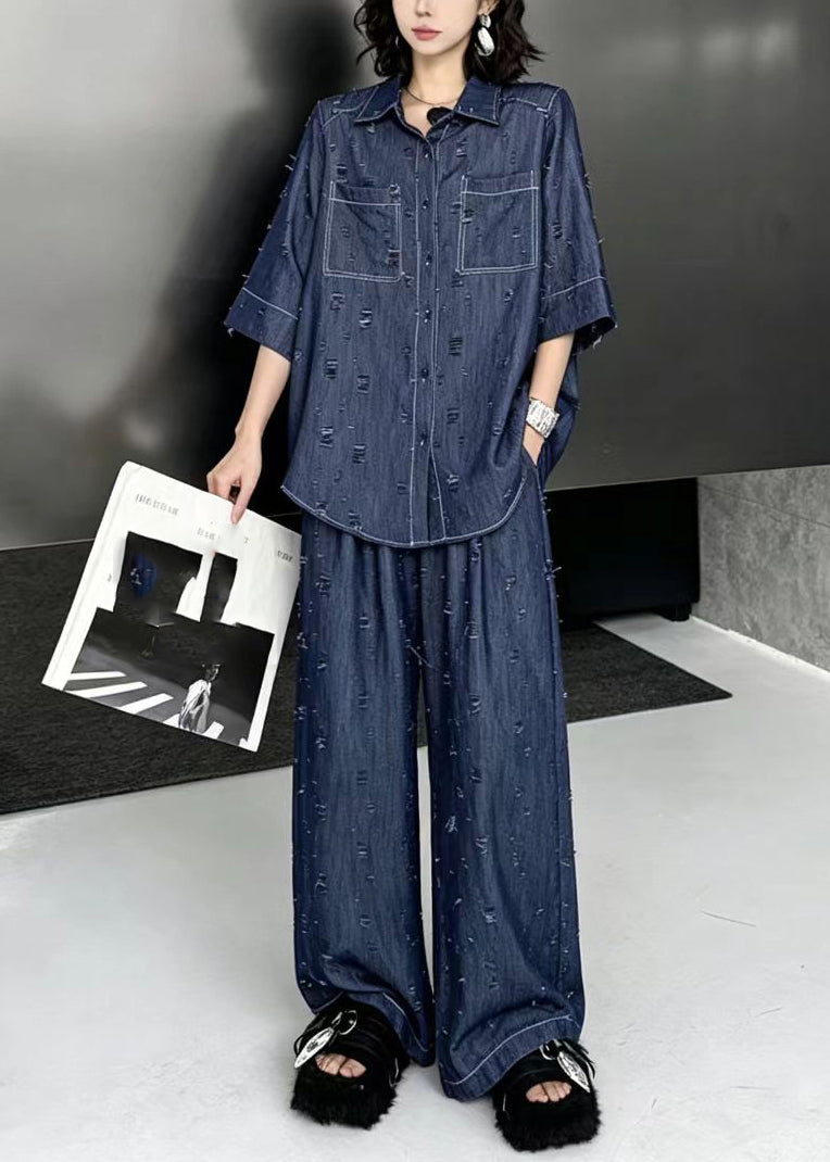 Casual Blue Turn-Down Collar Ripped Top And Wide Leg Pants Denim Two Pieces Set Fall