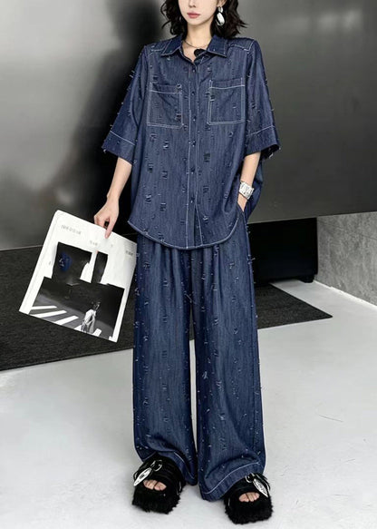 Casual Blue Turn-Down Collar Ripped Top And Wide Leg Pants Denim Two Pieces Set Fall