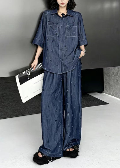 Casual Blue Turn-Down Collar Ripped Top And Wide Leg Pants Denim Two Pieces Set Fall