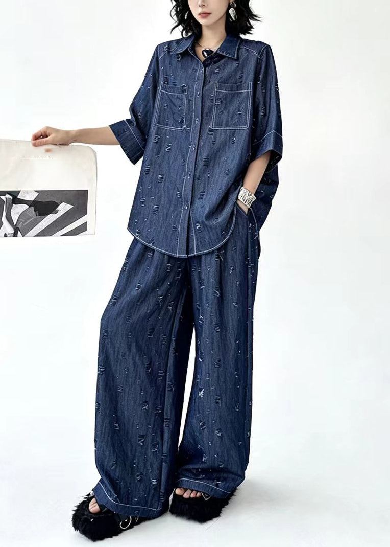 Casual Blue Turn-Down Collar Ripped Top And Wide Leg Pants Denim Two Pieces Set Fall