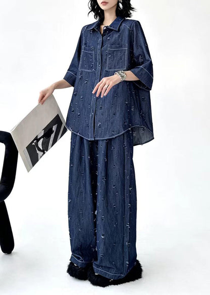 Casual Blue Turn-Down Collar Ripped Top And Wide Leg Pants Denim Two Pieces Set Fall