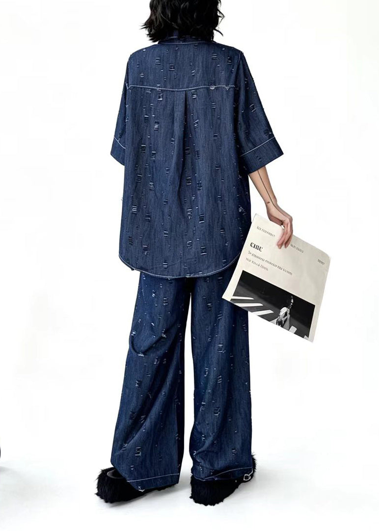 Casual Blue Turn-Down Collar Ripped Top And Wide Leg Pants Denim Two Pieces Set Fall