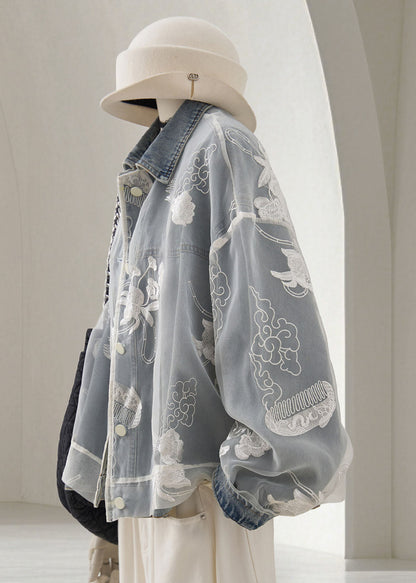 Casual Blue Turn-Down Collar Tulle Pockets Denim Jacket Fall
