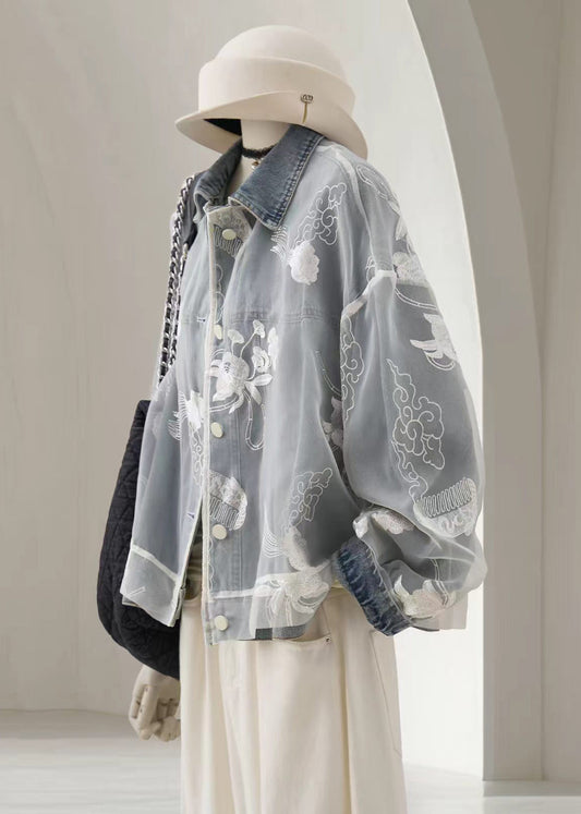 Casual Blue Turn-Down Collar Tulle Pockets Denim Jacket Fall