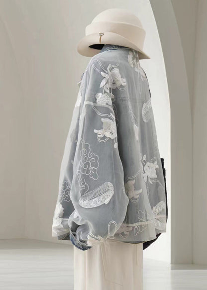 Casual Blue Turn-Down Collar Tulle Pockets Denim Jacket Fall