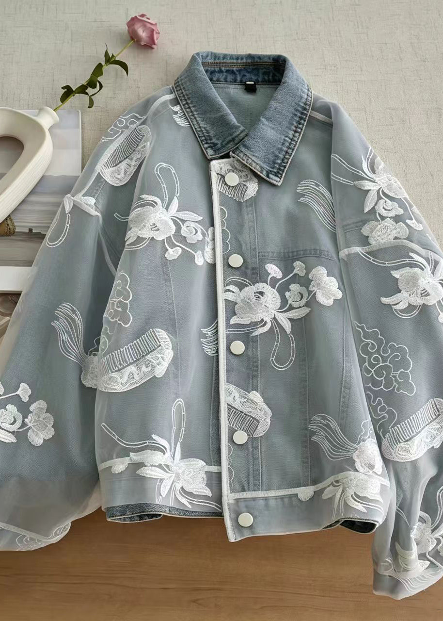 Casual Blue Turn-Down Collar Tulle Pockets Denim Jacket Fall