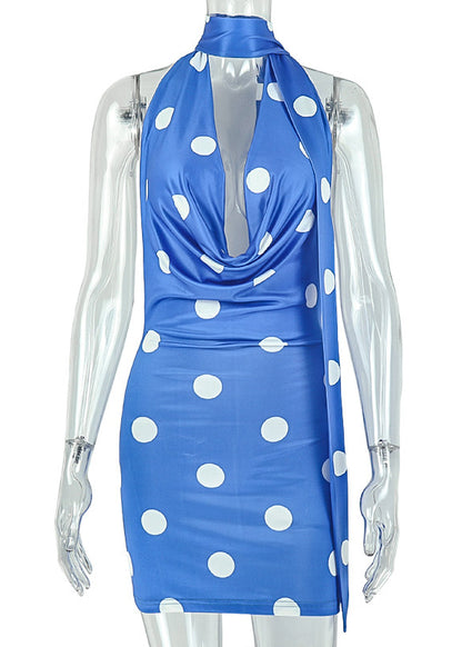 Casual Blue Turtle Neck Print Cotton Wraped Dress Summer