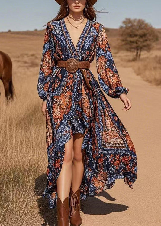 Casual Blue V Neck Asymmetrical Design Chiffon Long Dresses Lantern Sleeve