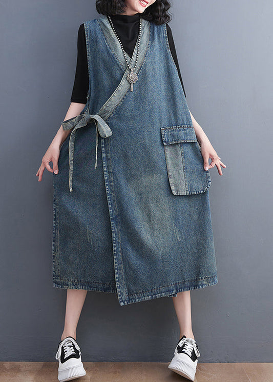 Casual Blue V Neck Asymmetrical Patchwork Tie Waist Denim Long Dresses Sleeveless