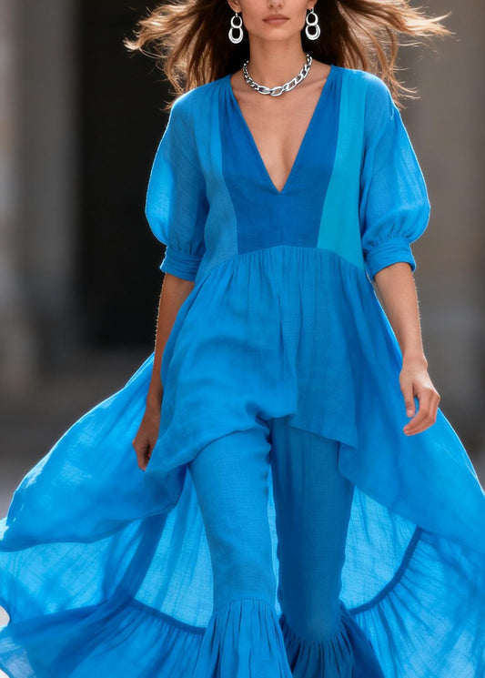Casual Blue V Neck Asymmetrical Top And Pants Cotton Two-Piece Set Summer