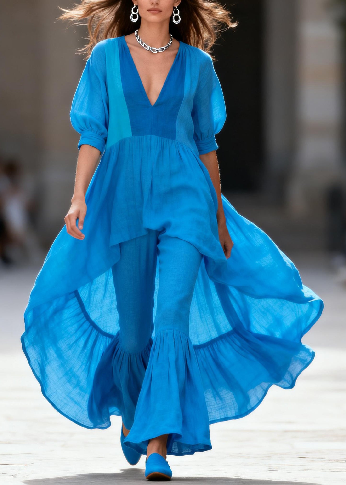 Casual Blue V Neck Asymmetrical Top And Pants Cotton Two-Piece Set Summer