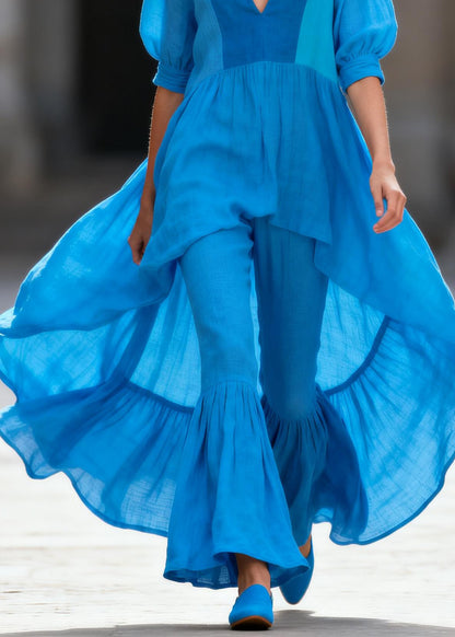 Casual Blue V Neck Asymmetrical Top And Pants Cotton Two-Piece Set Summer