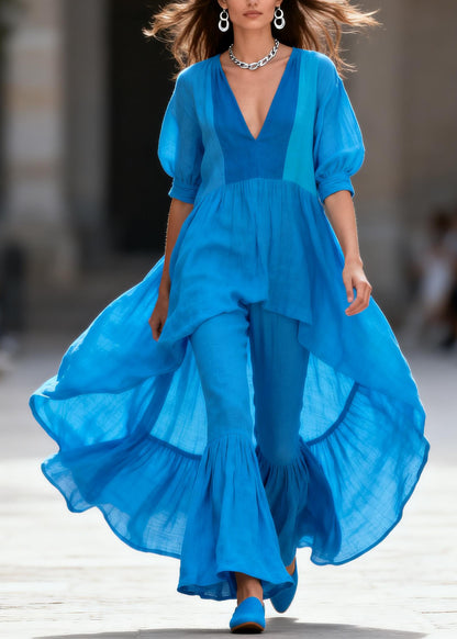 Casual Blue V Neck Asymmetrical Top And Pants Cotton Two-Piece Set Summer