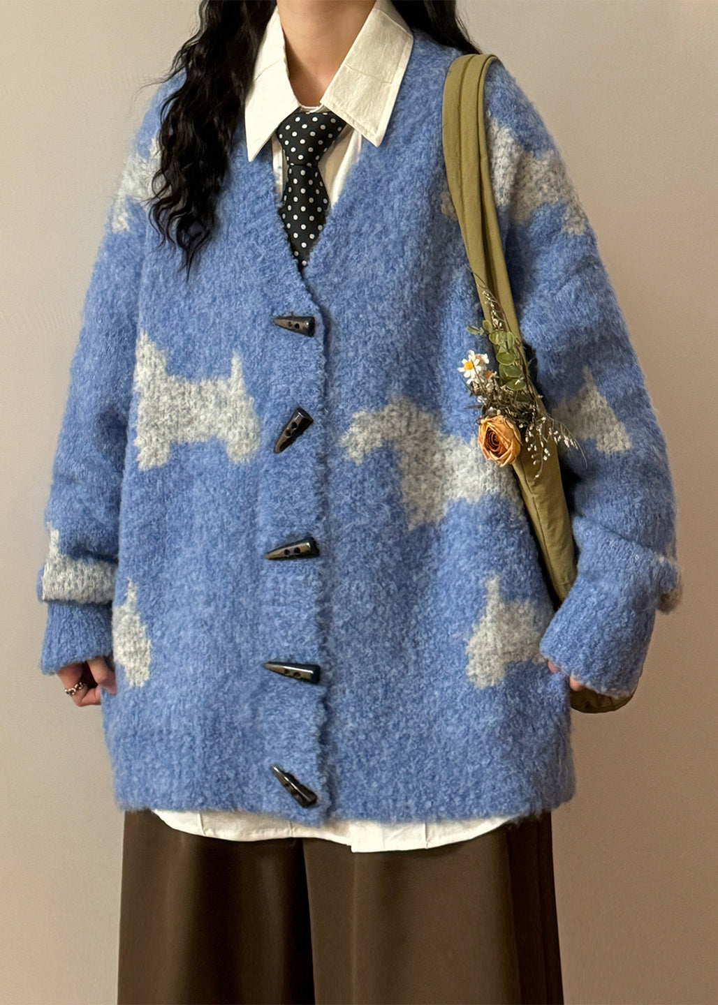 Casual Blue V Neck Button Little Horse Knit Coats Spring
