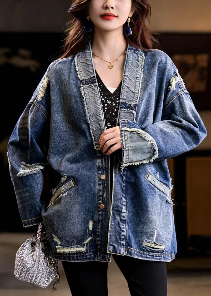Casual Blue V Neck Hole Midi Length Denim Coat Fall
