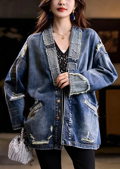 Casual Blue V Neck Hole Midi Length Denim Coat Fall
